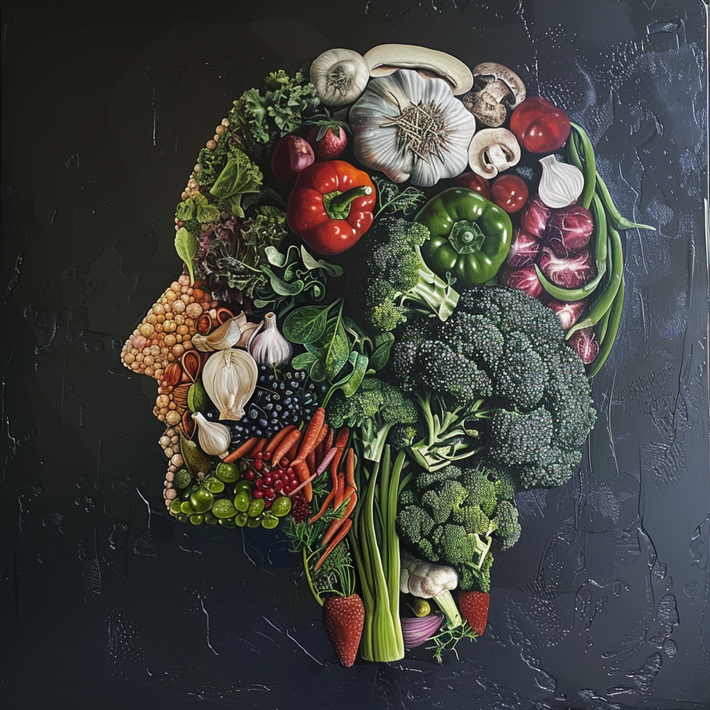 Human head silhouette constructed from vegetables